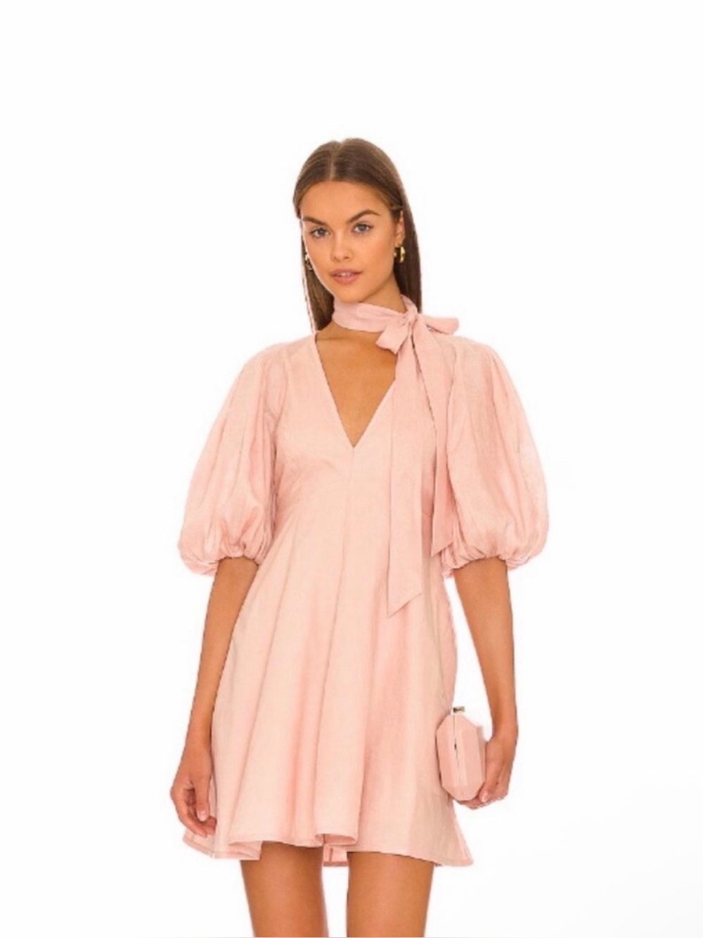 Zimmermann Peach Puff-Sleeve V-Neck Tie-Waist Mini Dress. Excellent condition.